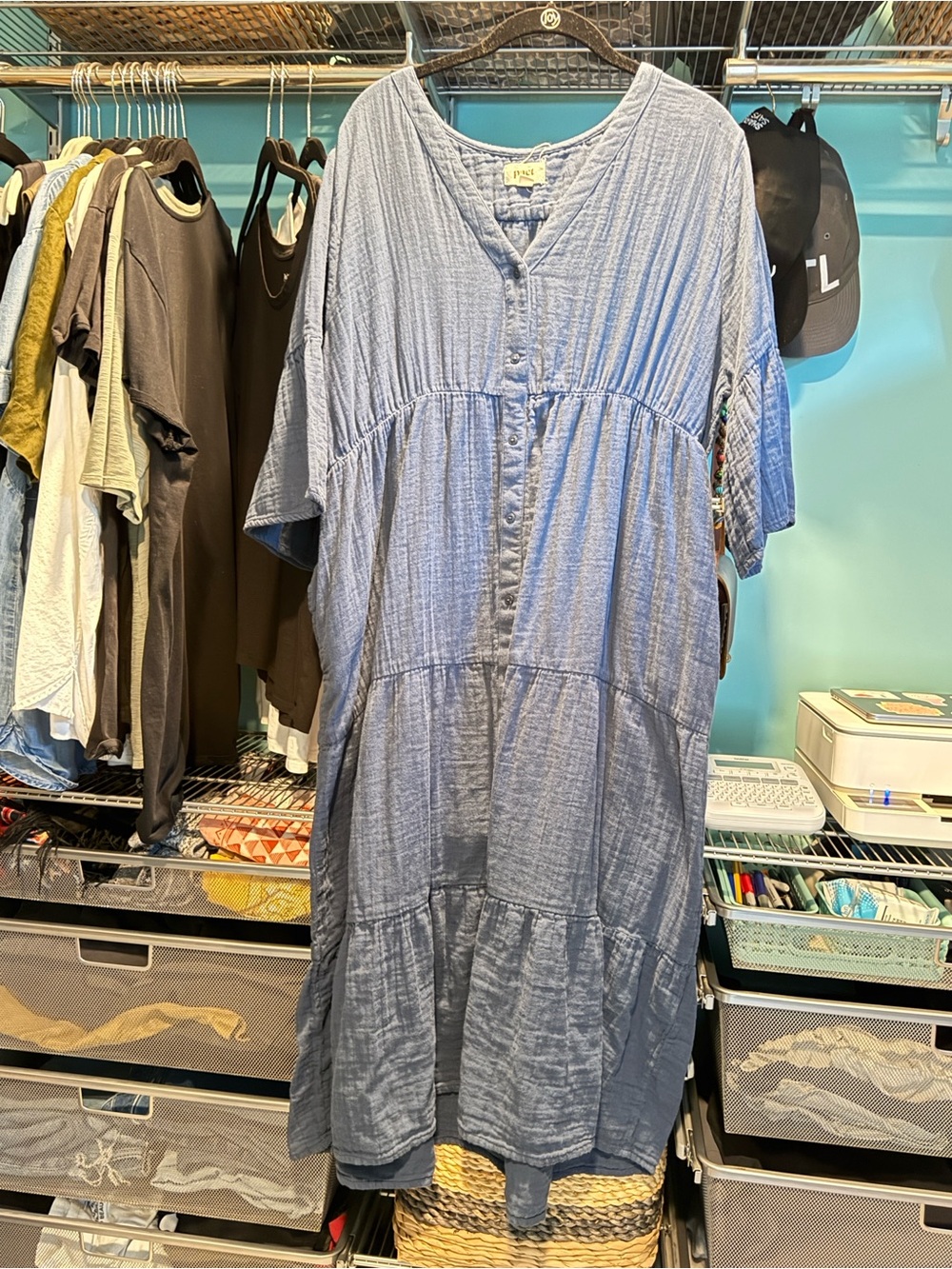 Pact Women's Navy Linen Tiered Button-Front Maxi Dress in XL